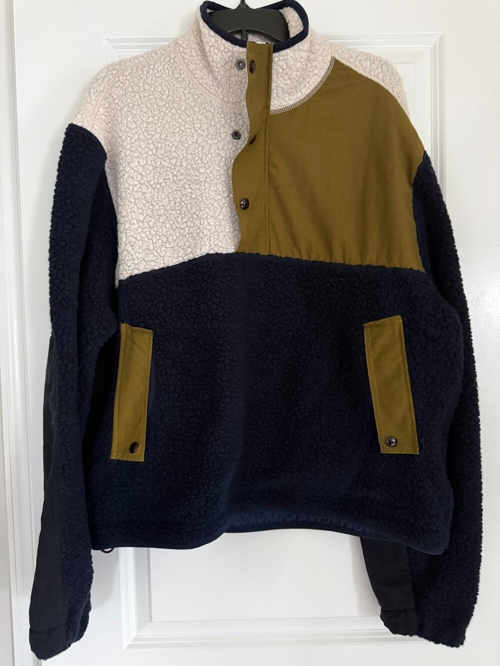 Drake's Colourblock Half Zip Fleece Navy Ecru Olive Men's L NWT Made Portugal